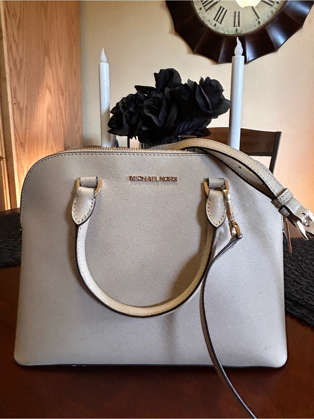 Michael Kors Light Beige Dome Satchel with Gold Hardware